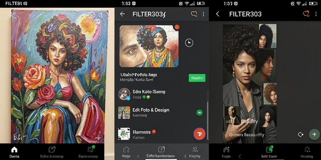 Antarmuka FILTER303 menampilkan fitur editing Kamera Beautify yang menarik.